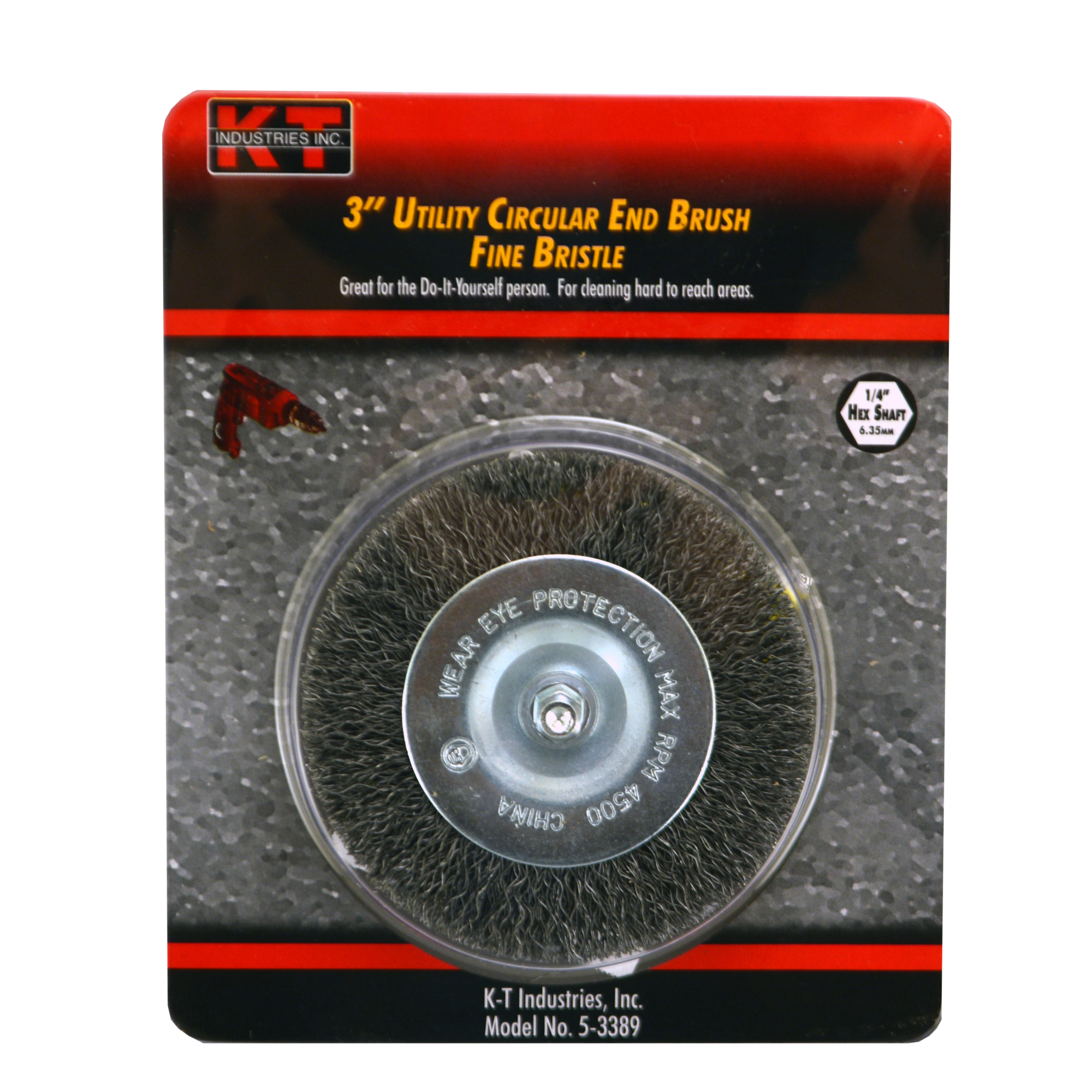 K-T Industries Circular End Brush — 3in. Diameter, Fine, Hex Shaft, 4500 Max RPM, Model# 5-3389